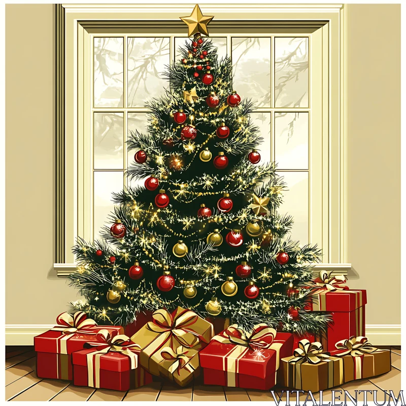 Festive Christmas Tree and Presents AI Image