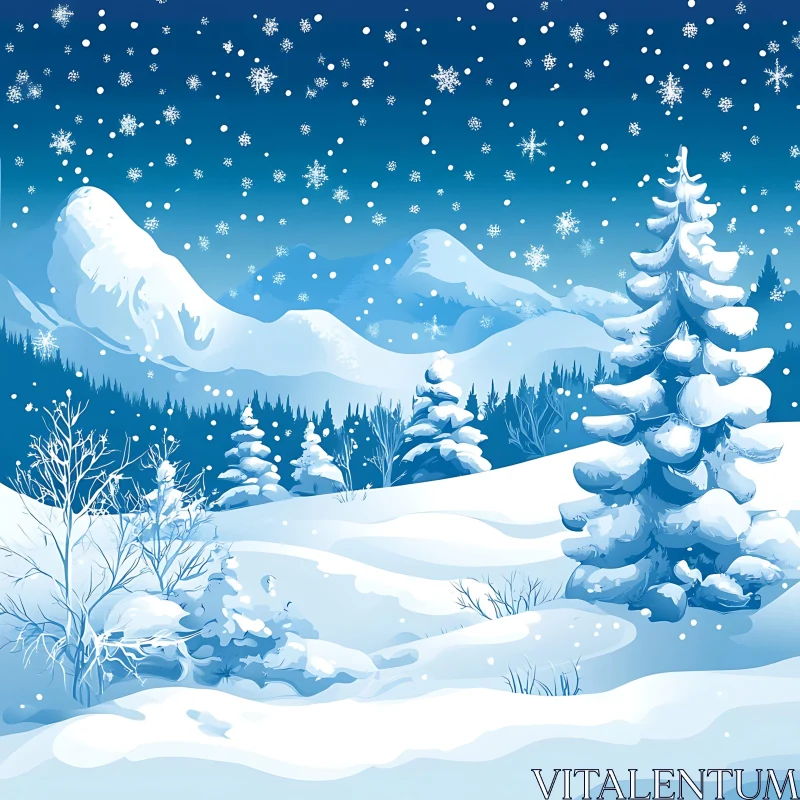 Snow-Covered Mountains and Winter Forest Scene AI Image