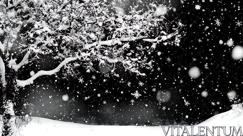 Peaceful Snow-Covered Tree in Winter at Night AI Image