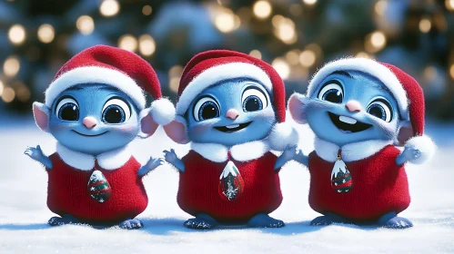 Cute Santa Dressed Blue Characters in Snow