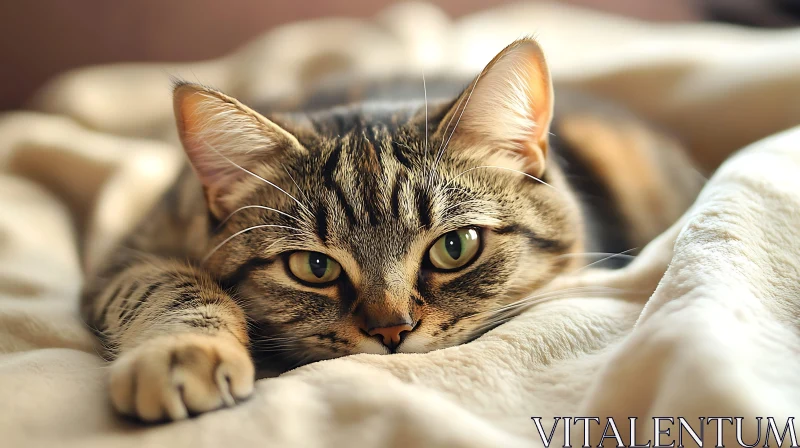 Close-Up of a Relaxed Tabby Cat on a Cream Blanket AI Image