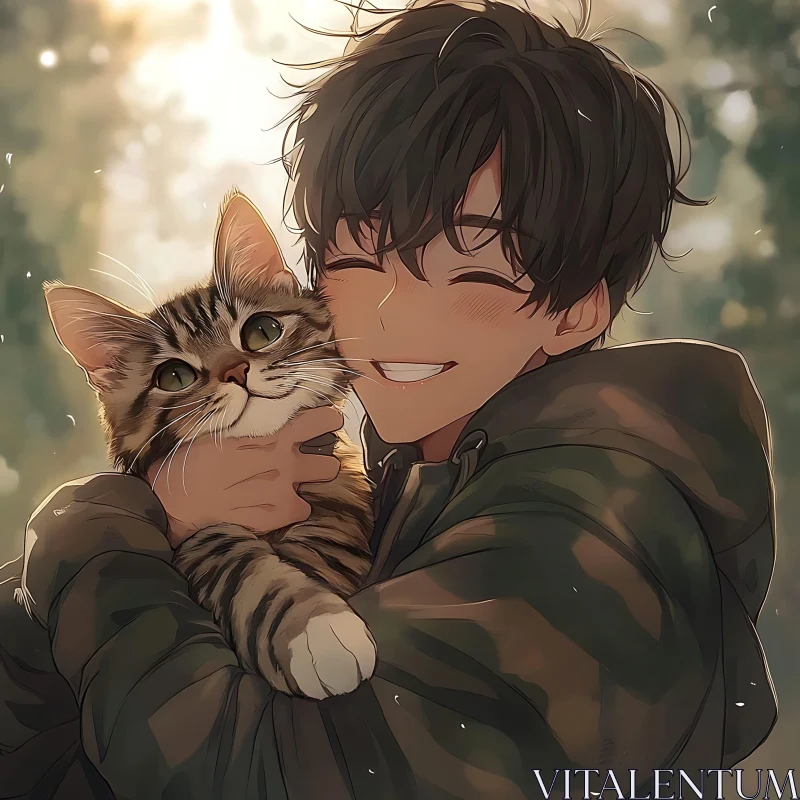 Anime Art: Young Person and Cat in Radiant Sunlight AI Image