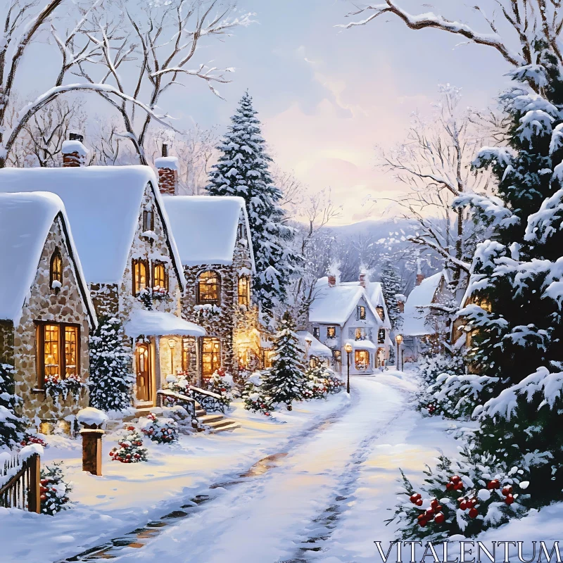 Cozy Winter Village with Snow-Draped Cottages AI Image