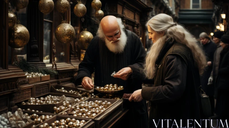 Captivating Gothic Atmosphere: An Older Couple and the Gold Balls on Display AI Image