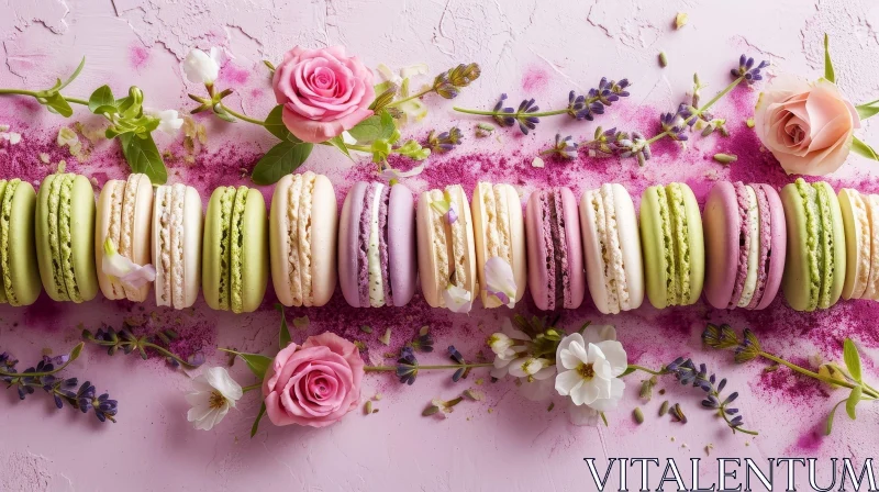 AI ART Colorful Macarons and Flowers on Pink Background - A Delightful Composition