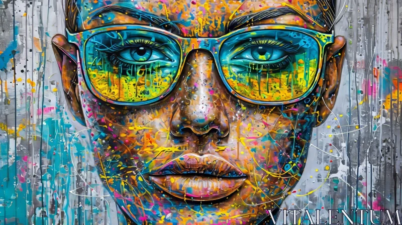 AI ART Confident Woman in Vibrant Digital Painting | Blue Sunglasses