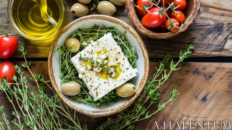 Delicious Feta Cheese with Olives and Cherry Tomatoes on Wooden Table AI Image