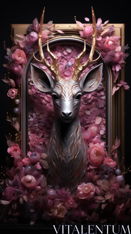 AI ART Enchanting Deer Artwork with Pink Flowers | Baroque Portraiture