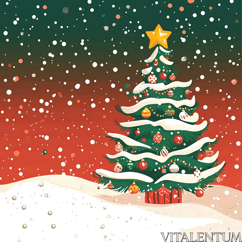 Holiday Tree with Decorations and Snowfall AI Image