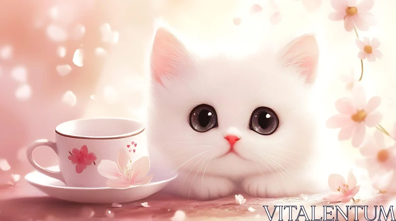 Cute Kitten and Floral Teacup AI Image