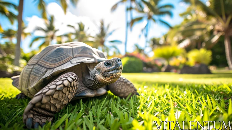 Majestic Turtle Standing on a Green Lawn with Palm Trees AI Image