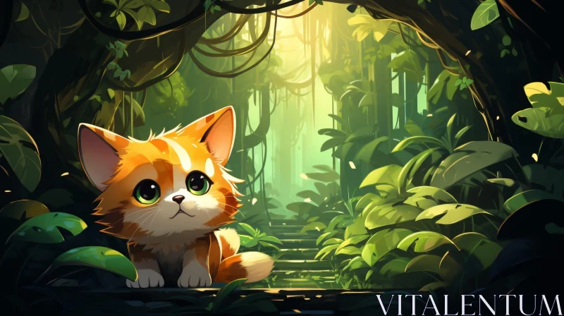Peaceful Cartoon Kitten in Lush Green Jungle AI Image
