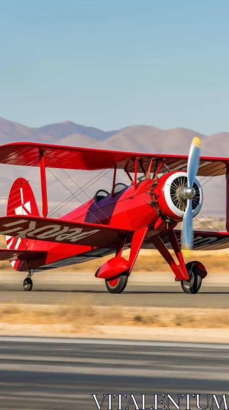 Red Biplane Takeoff in Clear Blue Sky AI Image