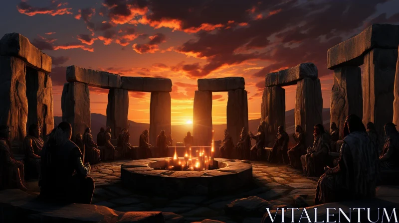 AI ART Stonehenge Sunset Gathering - Digital Painting