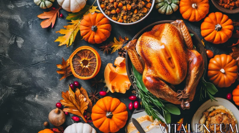 Thanksgiving Dinner Table with Roasted Turkey and Traditional Food AI Image