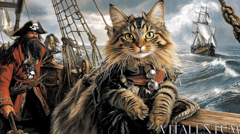 Feline Pirate Leading Sea Voyage AI Image