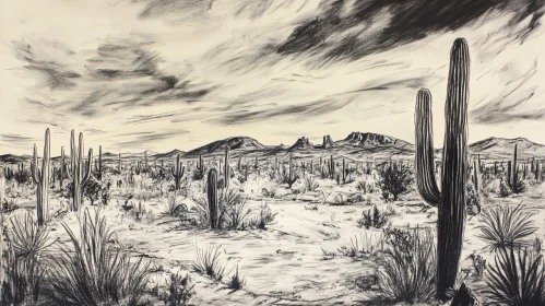 Monochrome Desert Scene with Cacti and Mountains