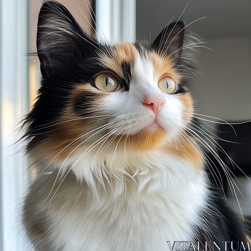 Adorable Calico Cat Staring Out a Window AI Image