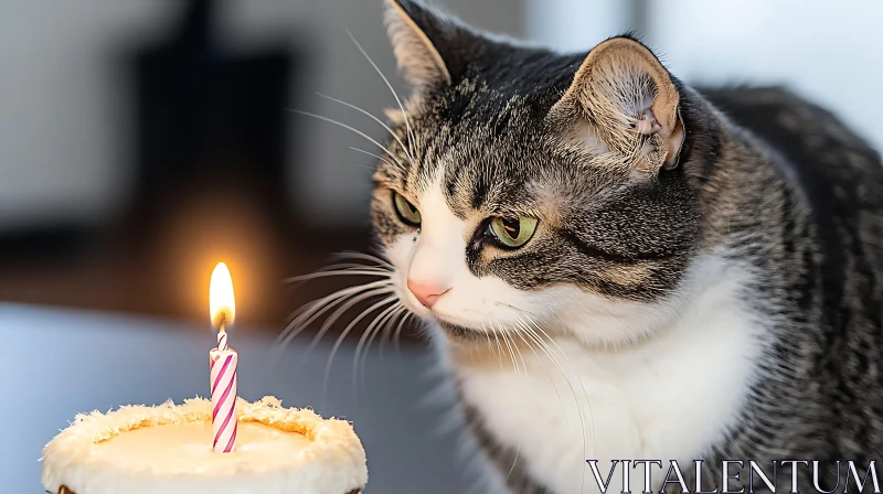 Tabby Cat and Birthday Candle Closeup AI Image