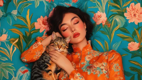 Woman and Cat in Floral Harmony