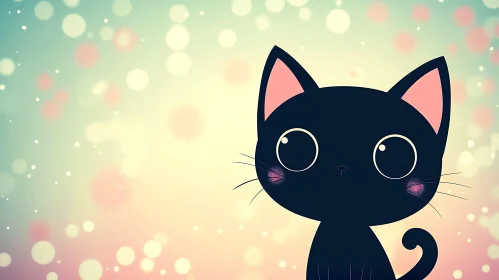 Charming Black Cat Cartoon in Whimsical Background