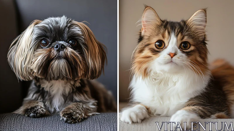 Fluffy Dog and Cat Duo Portrait AI Image