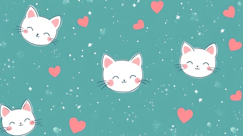 Playful Cat Faces and Hearts Illustration