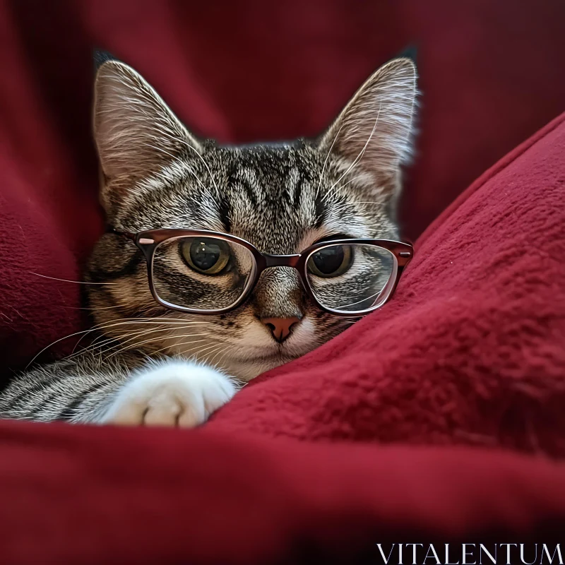 Cute Kitten with Glasses Snuggling in a Blanket AI Image