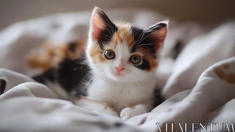 Cute Calico Kitten on White Blanket AI Image