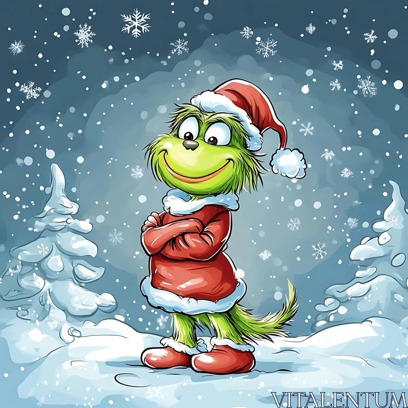 Whimsical Green Character as Santa in Winter Wonderland AI Image