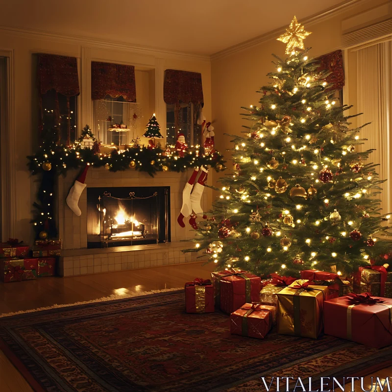 Festive Holiday Living Room Ambience AI Image