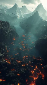 Volcanic Terrain with Flowing Lava River