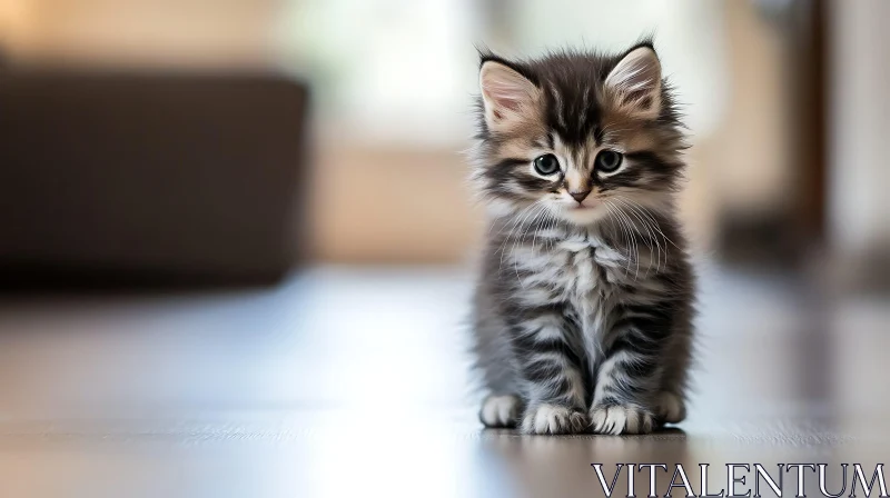 Cute Striped Kitten on a Reflective Floor AI Image