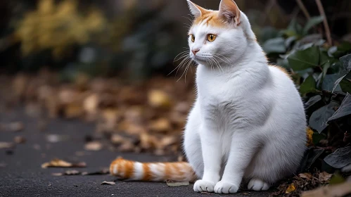 White and Orange Cat Among Autumn Leaves