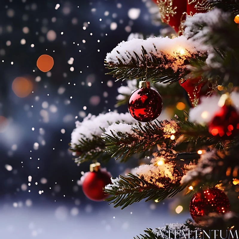 Festively Decorated Christmas Tree Branch in Snowy Setting AI Image