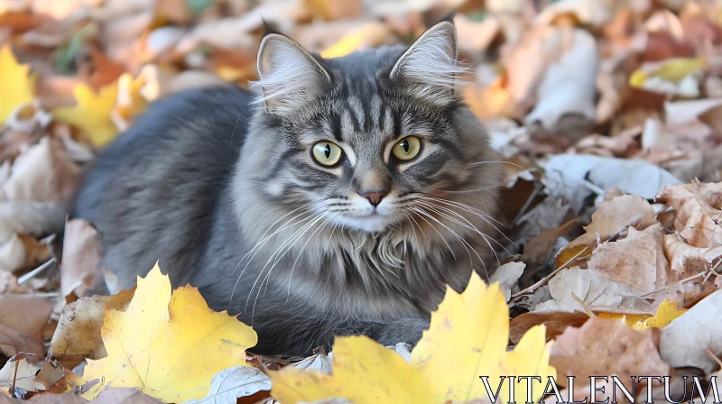 Fluffy Cat Among Autumn Leaves AI Image