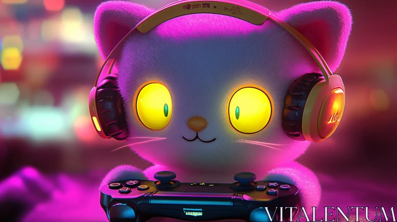 AI ART Adorable Neon Lit Cat Gamer