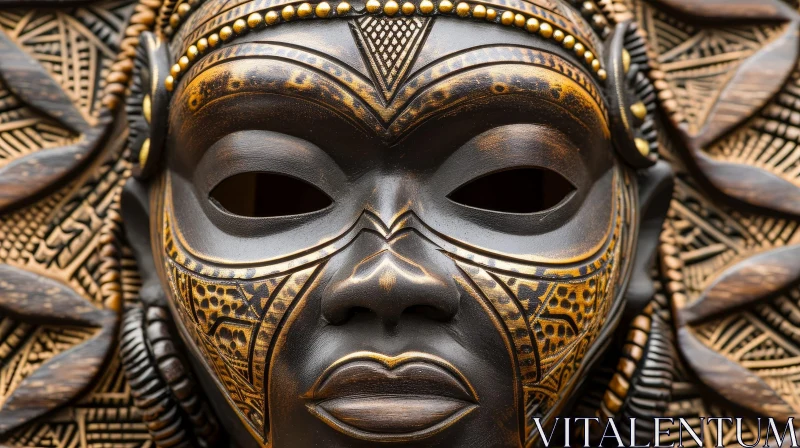 Close-up of an African Mask: Dark Brown Wood with Intricate Carvings AI Image