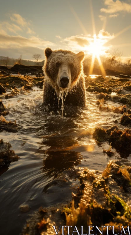 Close-Up of Brown Bear Wading Through Water at Sunset AI Image