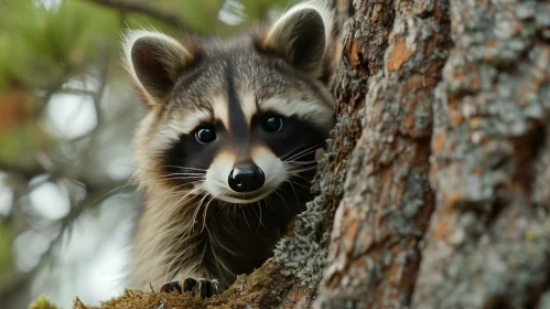 Curious Raccoon Peeking from Behind Tree | Wildlife Photography