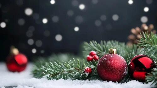 Holiday Scene with Red Baubles and Pine Branches