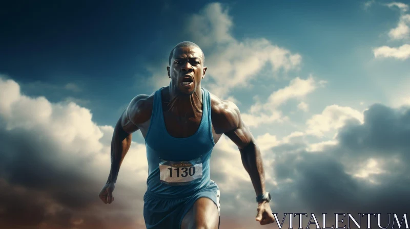 Determined Male Athlete Running Under Stormy Sky AI Image