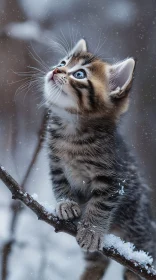 Young Tabby Cat on Snowy Branch