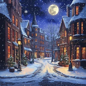 Snowy Village Street at Night with Full Moon