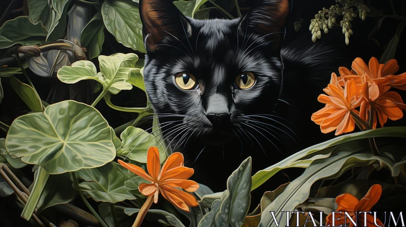Enigmatic Black Cat in Garden Painting AI Image