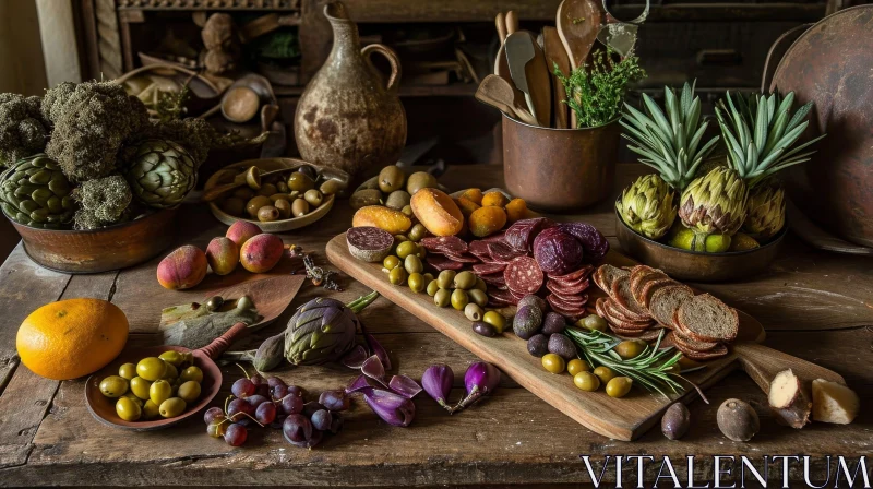 Exquisite Still Life: Artichokes, Grapes, and More on a Wooden Table AI Image