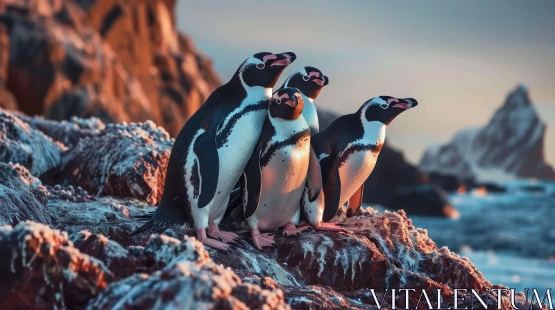 Four Penguins on a Rocky Shore at Sunset AI Image
