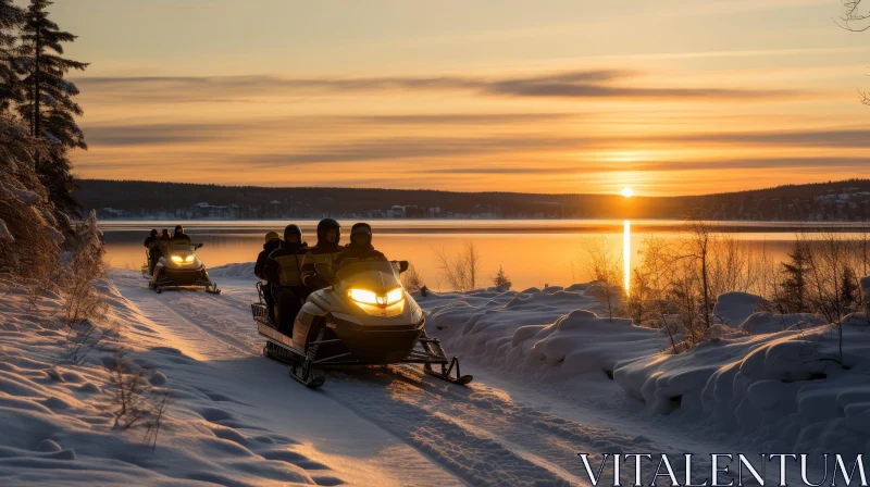 Snowmobile Adventure on Frozen Lake at Sunset AI Image