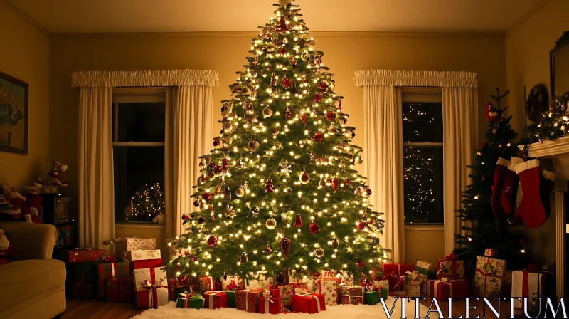 Festive Living Room with a Decorated Christmas Tree AI Image