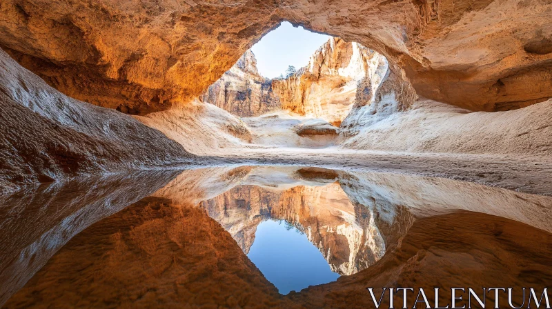 AI ART Stunning Sandstone Cave with Mirror-Like Water Reflecting Arch